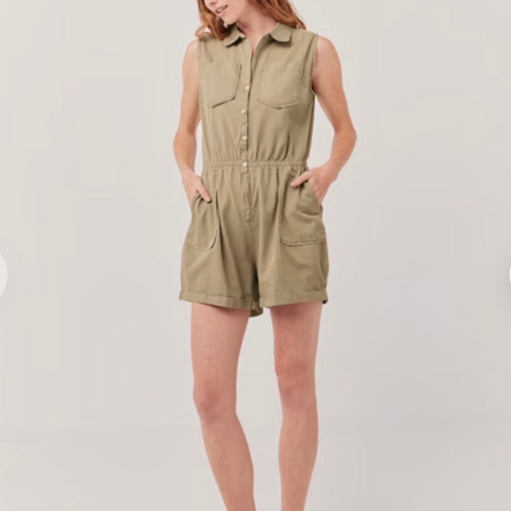 Pact Olive Khaki Chambray Organic Cotton Utility Safari Romper XL
